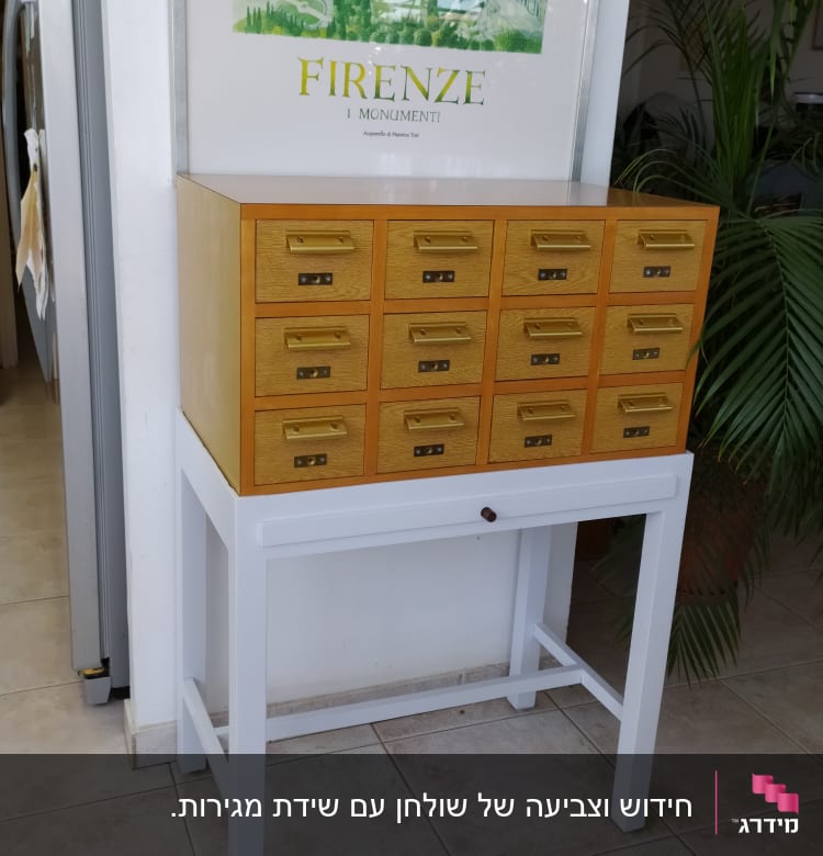 ארונית עץ עם מגירות קטנות על שולחן לבן